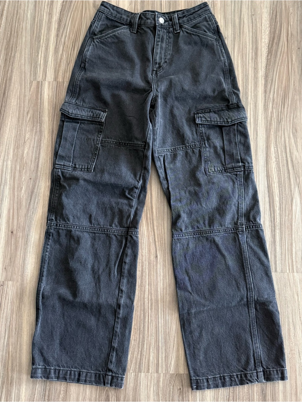 H&M Washed Black Denim Wide Leg Cargo Pants - US 2